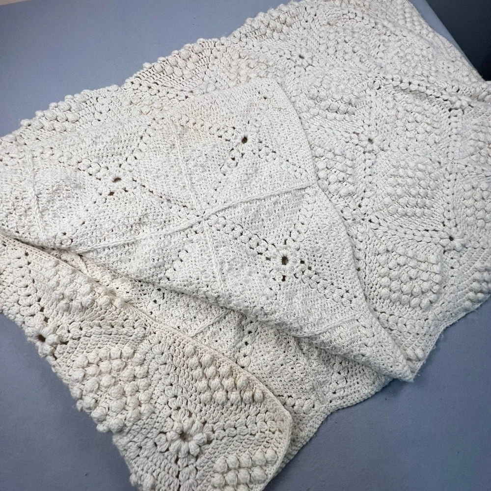 Handmade Crochet Popcorn Stitch Afghan Blanket 72x58 Cream Boho Farmhouse VTG